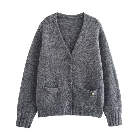 Women Clothing Autumn Winter Lazy Fengcai Point Pocket V Neck Knitted Sweater Cardigan Coat