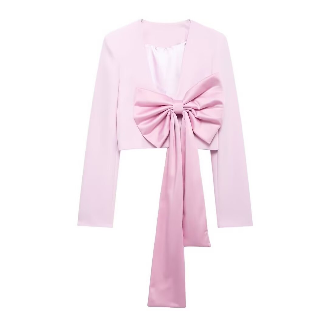 Fall Women Clothing Silk Satin Texture Bowknot Decoration Blazer