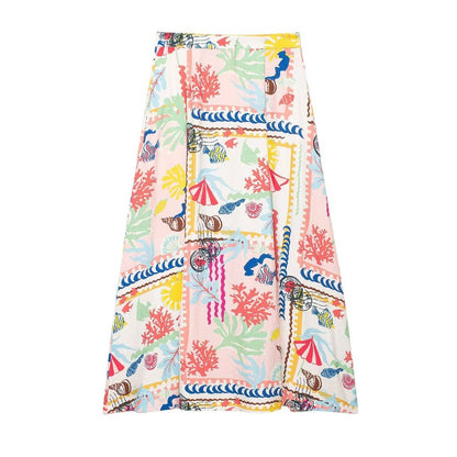 Women V Neck Wide Shoulder Strap Patchwork Printed Short Top Cape Skirt