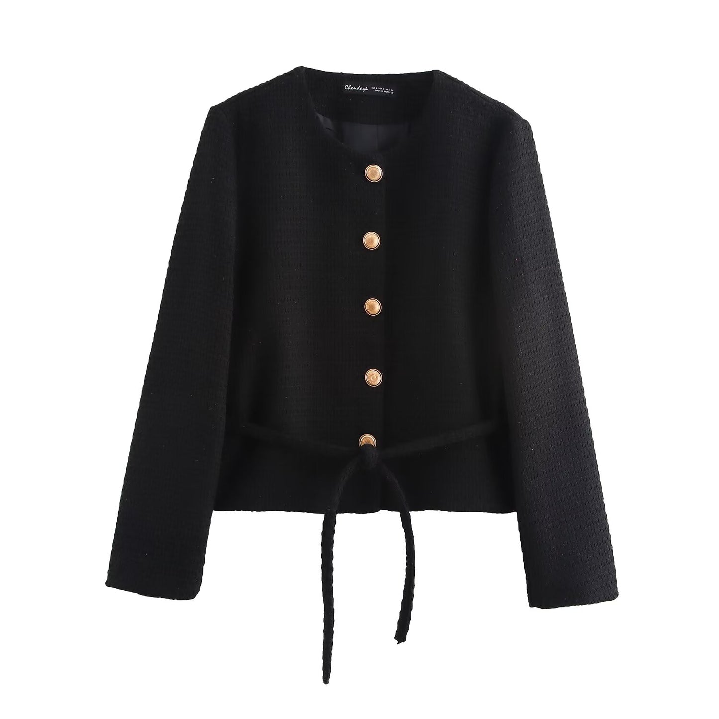 Women Belt Texture Casual round Neck Long Sleeve Blazer Jacket