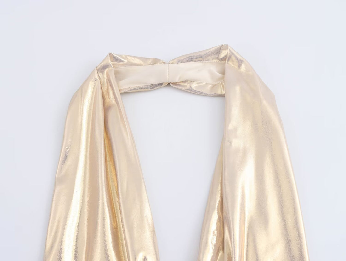 Women Metal Foil Hanging Collar Slim Jumpsuit