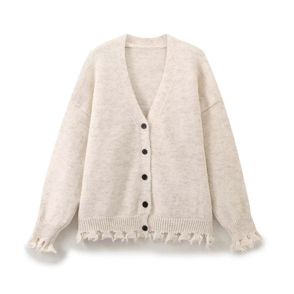 Street Fall Women Clothing Casual Fimbrilla V neck Single Breasted Knitted Cardigan