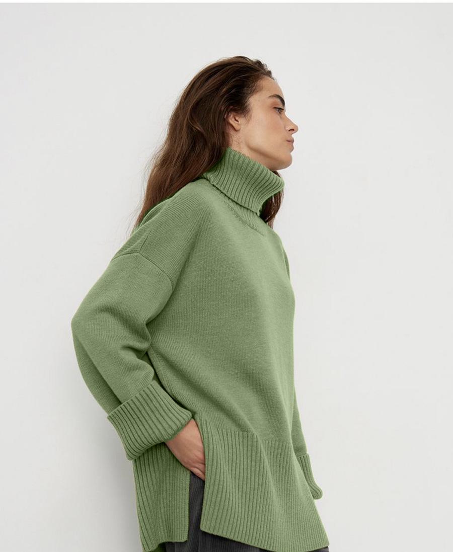 Slit Loose Knitted Pullover Solid Color High Collar Loose Women Autumn Winter Sweater