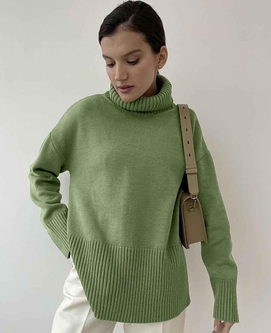 Slit Loose Knitted Pullover Solid Color High Collar Loose Women Autumn Winter Sweater