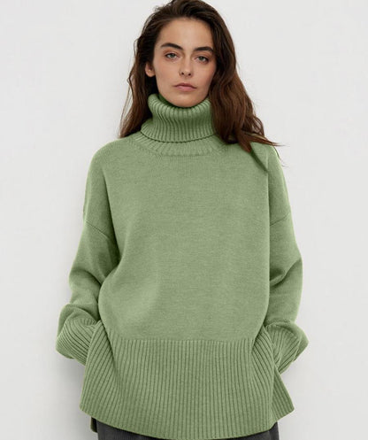 Slit Loose Knitted Pullover Solid Color High Collar Loose Women Autumn Winter Sweater