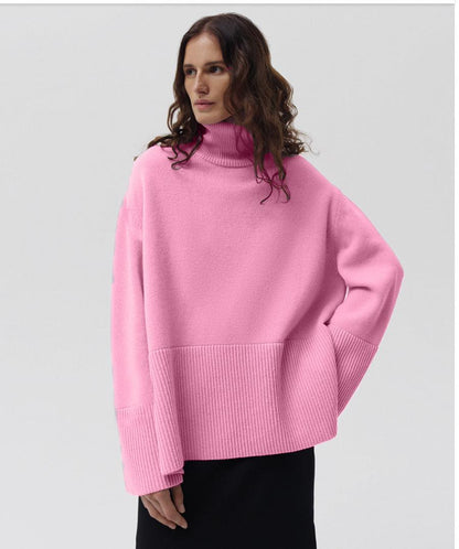 Slit Loose Knitted Pullover Solid Color High Collar Loose Women Autumn Winter Sweater