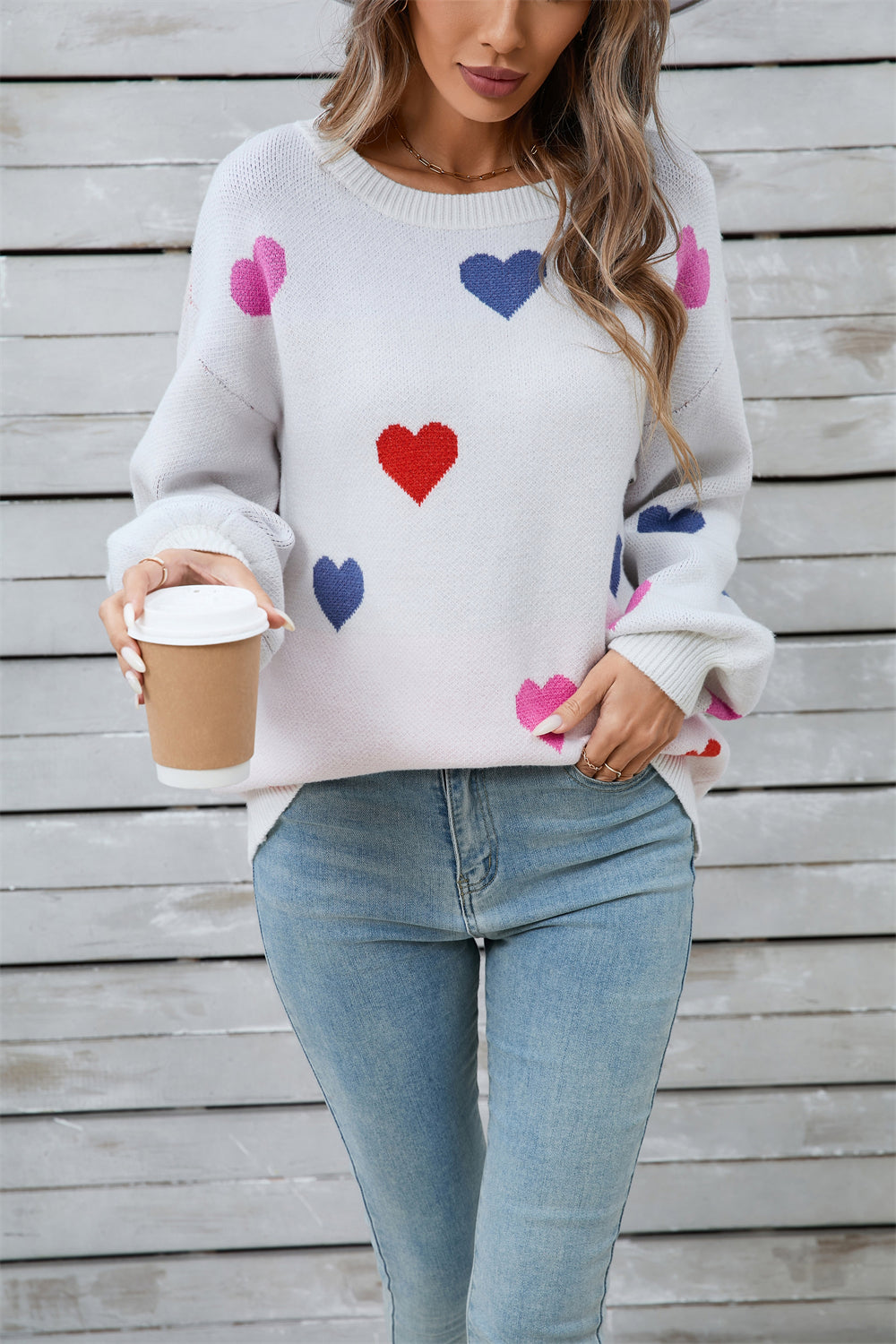 Winter Clothes Women Clothing Sweater Love Valentine Day Round Neck Pullover Peach Heart Sweater Women