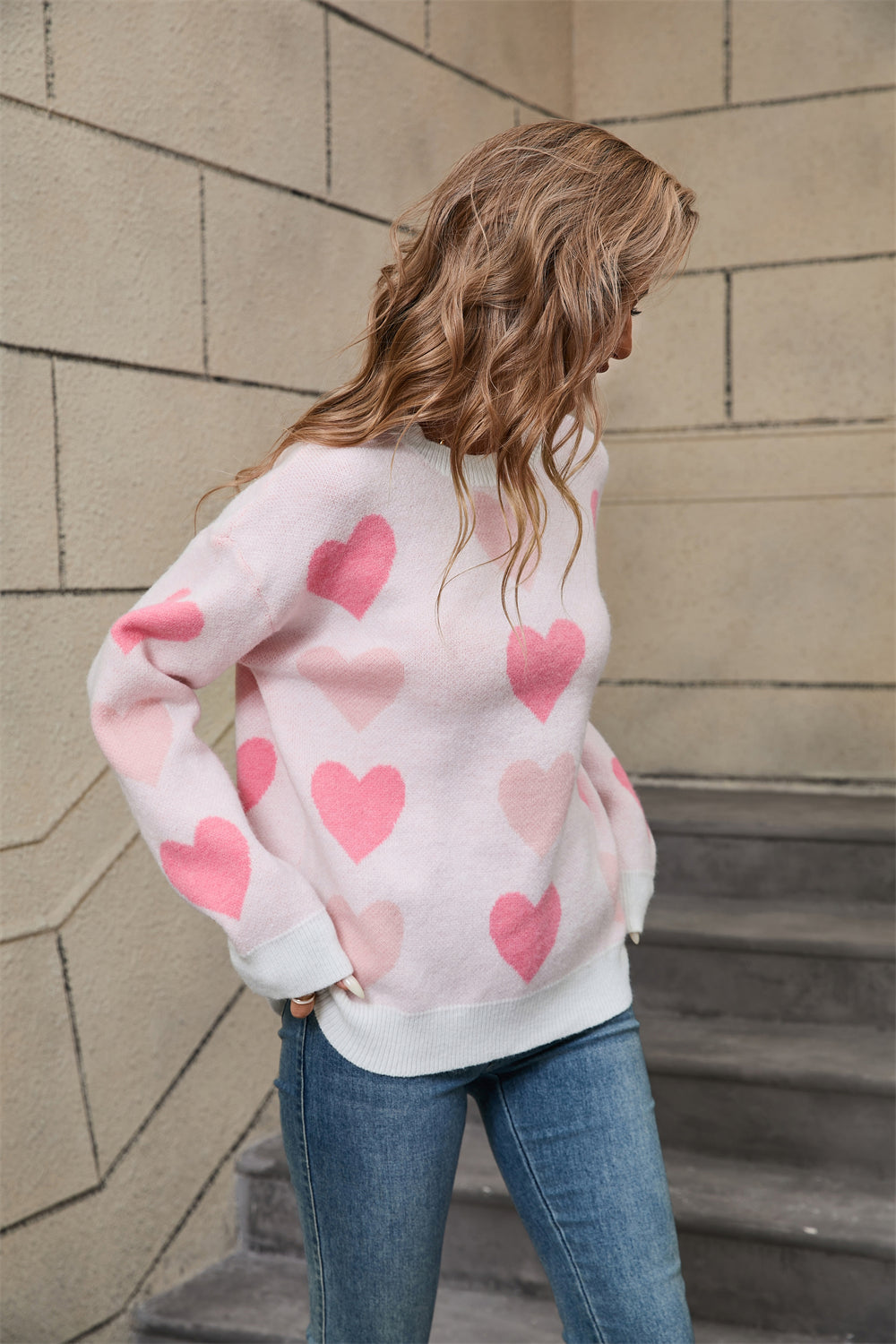 Sweater Winter Women Clothing Love Valentine Day Round Neck Pullover Peach Heart Sweater Women