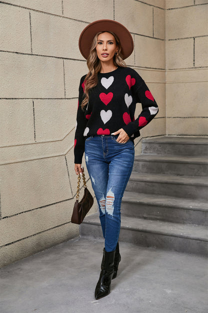 Sweater Winter Women Clothing Love Valentine Day Round Neck Pullover Peach Heart Sweater Women