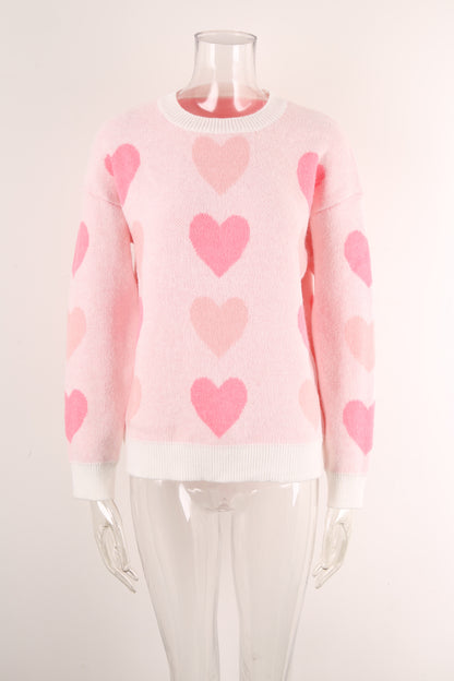 Sweater Winter Women Clothing Love Valentine Day Round Neck Pullover Peach Heart Sweater Women