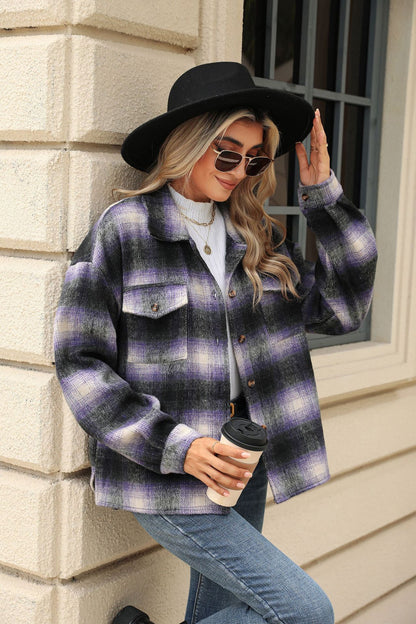 Autumn Winter Polo Collar Plaid Long Sleeve Loose Coat Women