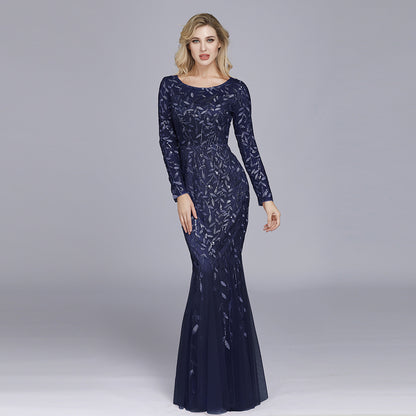 Spring Multi-Color Long Sleeve round Neck Fishtail Banquet Evening Dress for Women