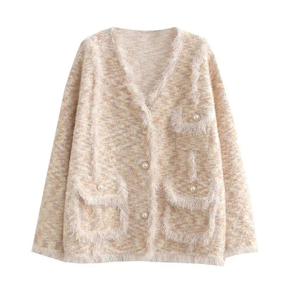 Women Clothing Tassel Classic Knitted Pearl Buckle Sweater Cardigan Coat