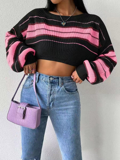 Autumn Winter Short Striped Long Sleeve Sweater