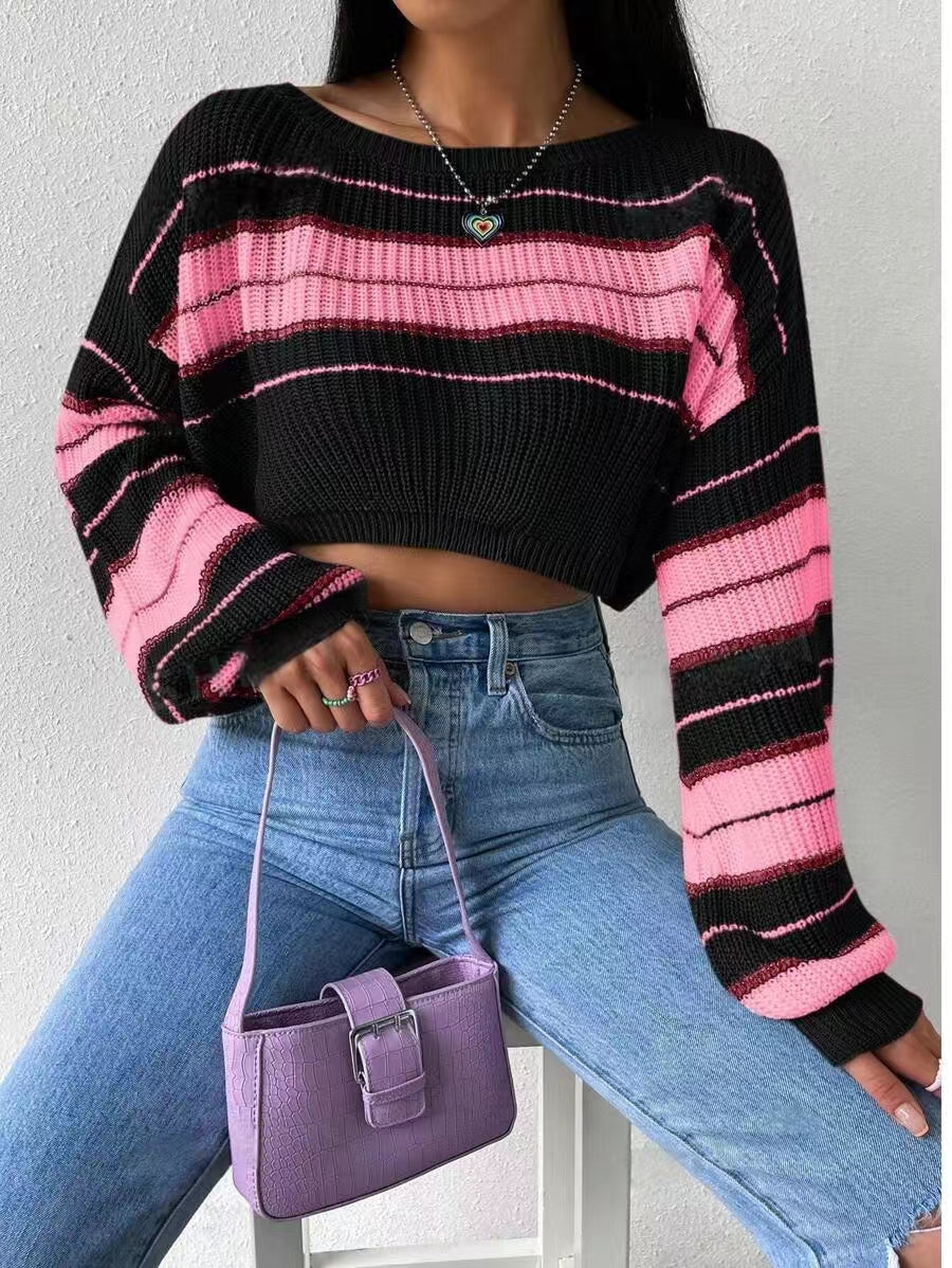 Autumn Winter Short Striped Long Sleeve Sweater