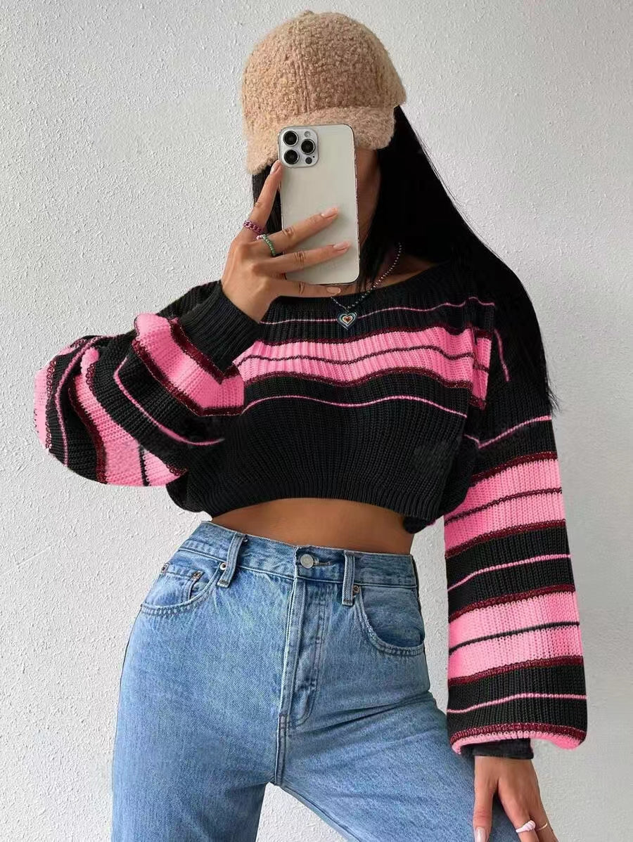 Autumn Winter Short Striped Long Sleeve Sweater