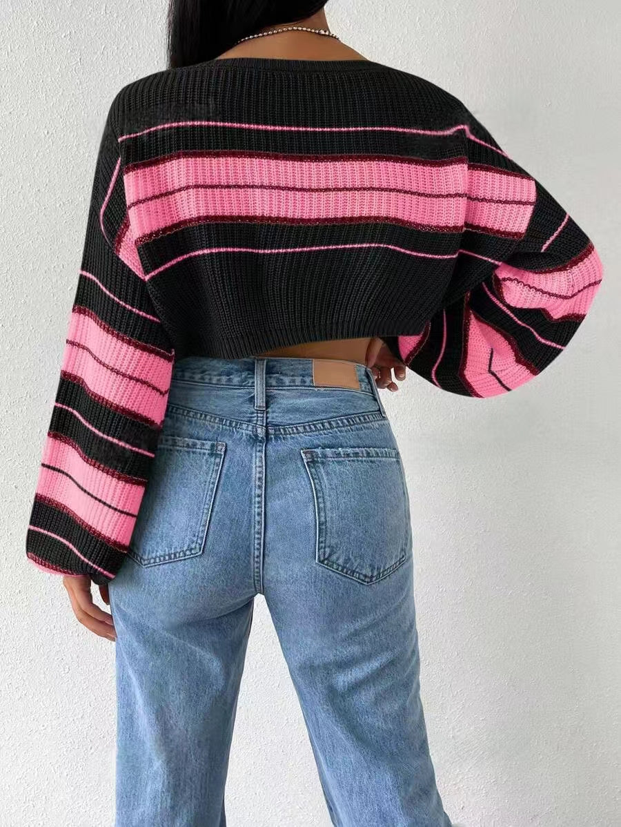 Autumn Winter Short Striped Long Sleeve Sweater