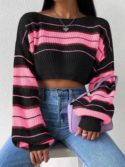 Autumn Winter Short Striped Long Sleeve Sweater