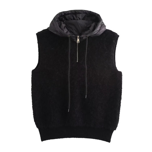 Fall Women Clothing Towel Thick Casual Half Zipper Hooded Knitted Vest Jacket