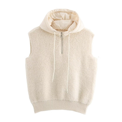 Fall Women Clothing Towel Thick Casual Half Zipper Hooded Knitted Vest Jacket