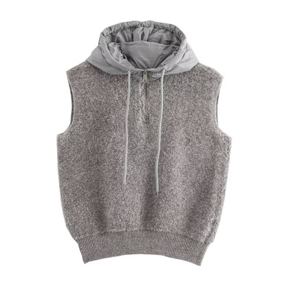 Fall Women Clothing Towel Thick Casual Half Zipper Hooded Knitted Vest Jacket