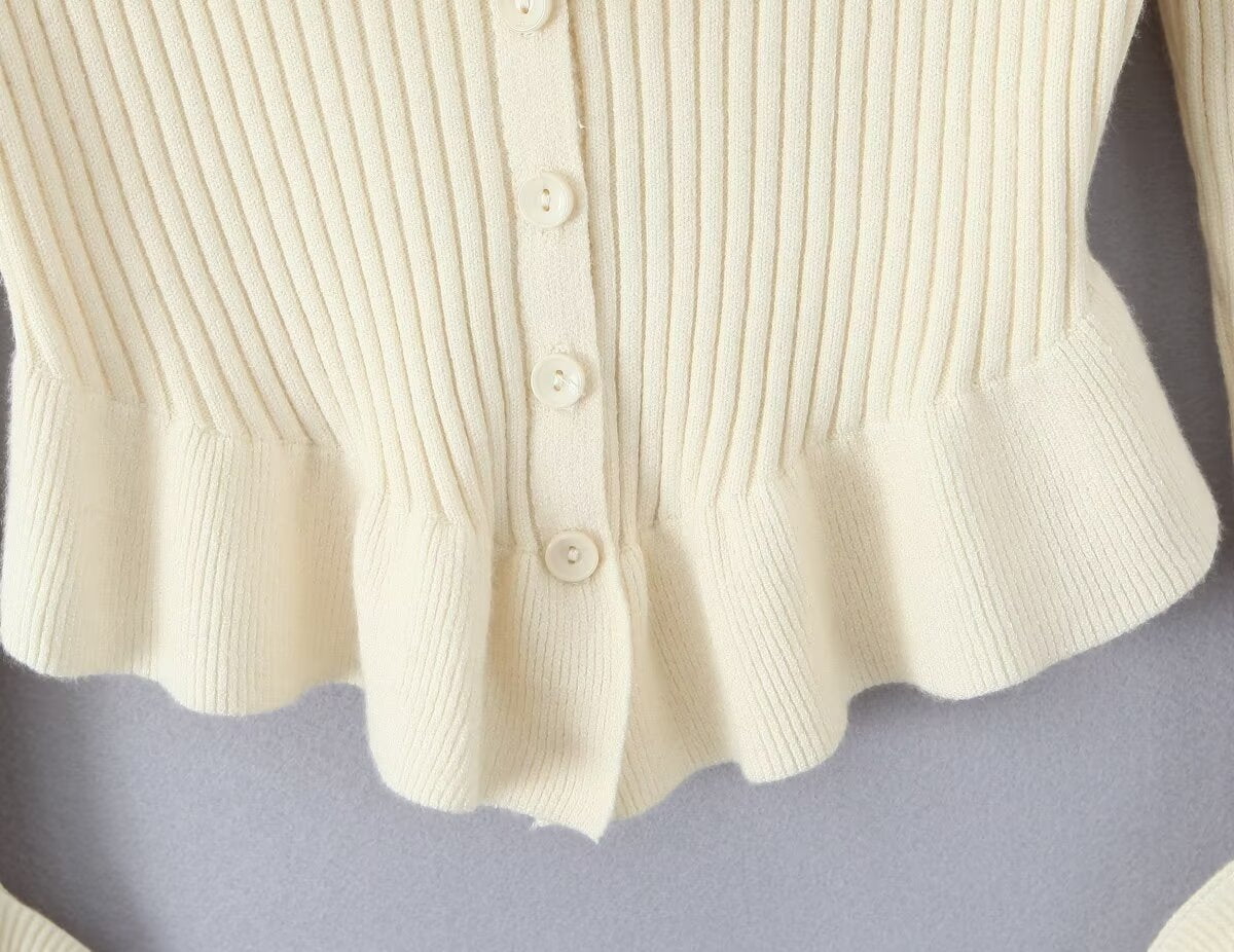 Autumn Ruffled Slim Short Knitted Cardigan Sweater