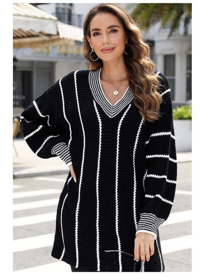 Autumn Winter Women Commuting Wear Knitted V Neck Striped Pullover Women Sweater No Belt