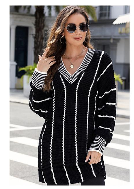 Autumn Winter Women Commuting Wear Knitted V Neck Striped Pullover Women Sweater No Belt