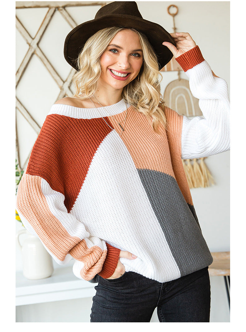 All Matching Base Sweater Women Loose Color Block Contrast Color Women Knitting Sweater