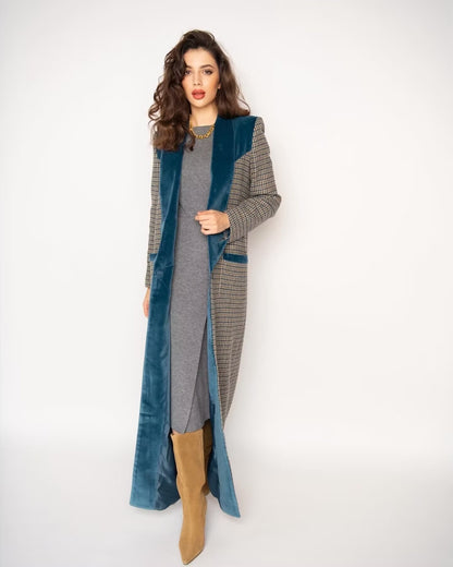 Women Clothing French Color Effect Collar Slim Long Checked Woolen Coat Coat