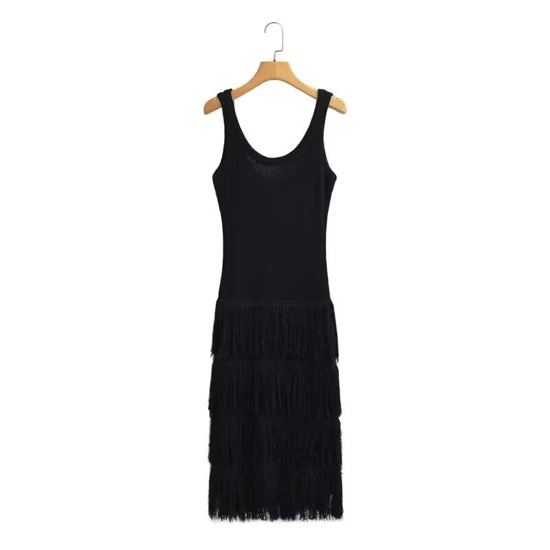 Summer Two Color Tassel Detail Knitted Vest Dress Long Dress