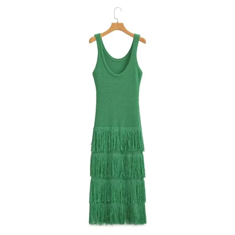 Summer Two Color Tassel Detail Knitted Vest Dress Long Dress