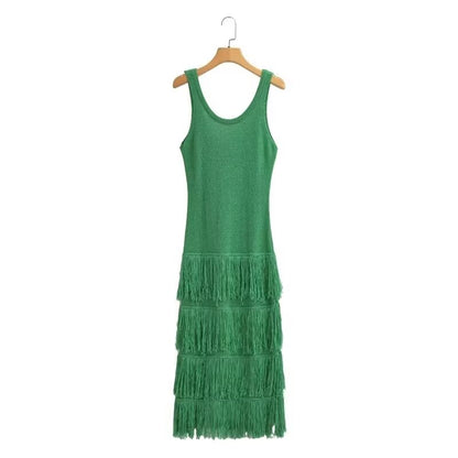 Summer Two Color Tassel Detail Knitted Vest Dress Long Dress