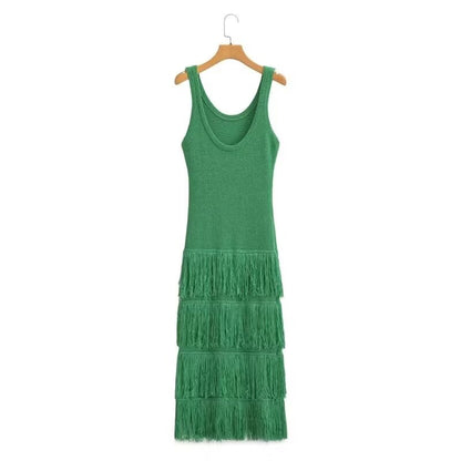 Summer Two Color Tassel Detail Knitted Vest Dress Long Dress