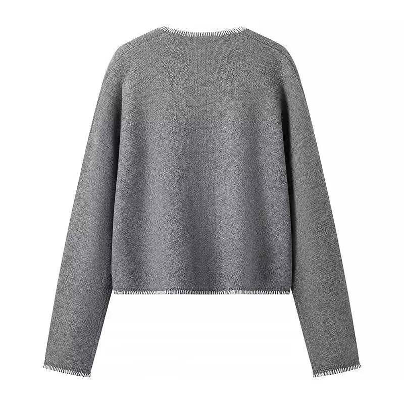 Women Clothing Popular Line V Neck Pullover Sweater Double Pocket Casual Sweater