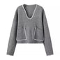 Women Clothing Popular Line V Neck Pullover Sweater Double Pocket Casual Sweater