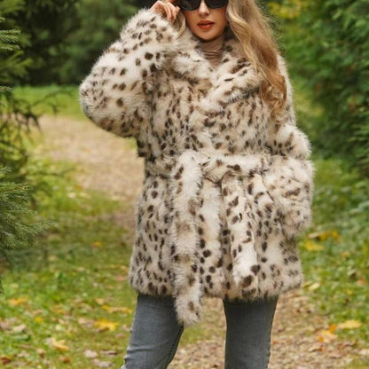 Autumn Winter Faux Fur Leopard Print Coat Collar Belt Mid Length Top for Women