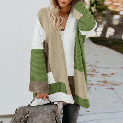 Autumn Winter Office Plaid Sweater Women Plaid Stitching Loose Knitted Cardigan Women Coat