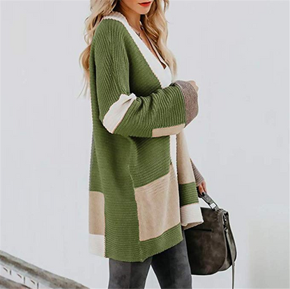 Autumn Winter Office Plaid Sweater Women Plaid Stitching Loose Knitted Cardigan Women Coat