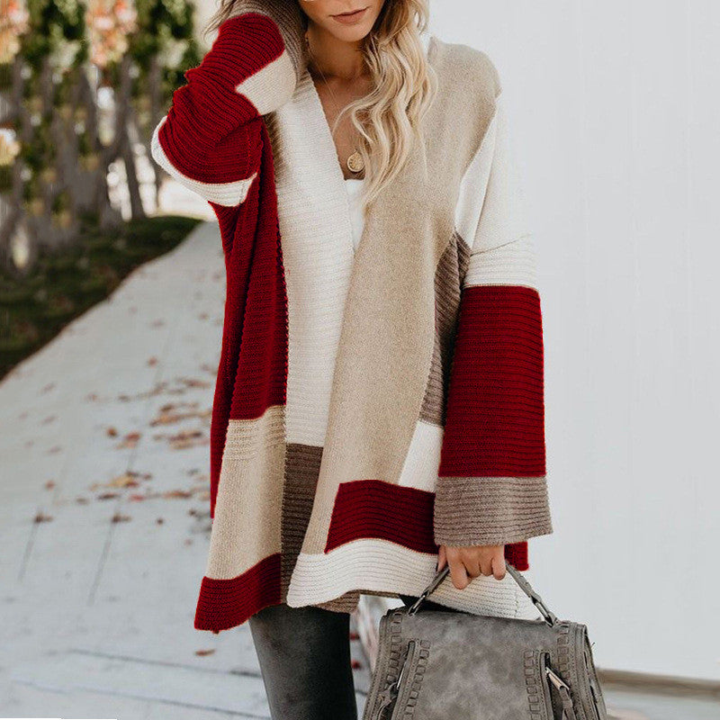 Autumn Winter Office Plaid Sweater Women Plaid Stitching Loose Knitted Cardigan Women Coat