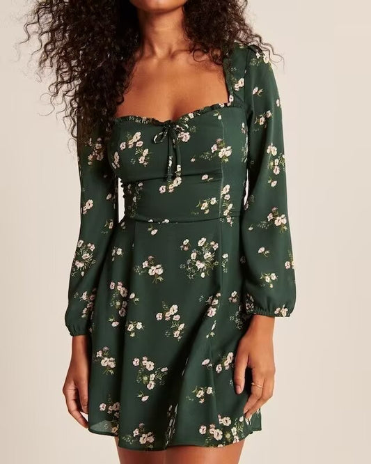 Summer Sexy Printed Pleated Lace Lantern Sleeve Dress