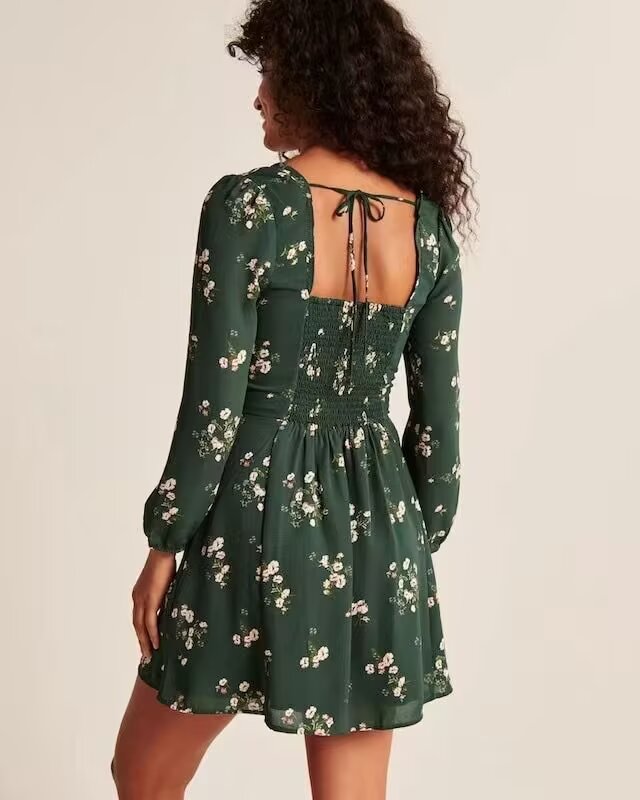 Summer Sexy Printed Pleated Lace Lantern Sleeve Dress