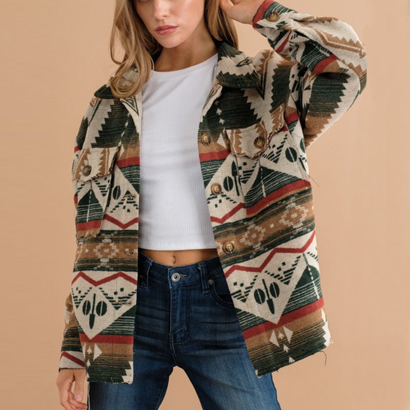 Autumn Winter Aztec Jacket Thick Retro Aztec Printed Woolen Coat