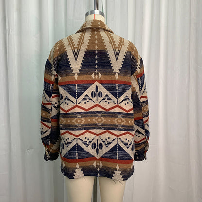 Autumn Winter Aztec Jacket Thick Retro Aztec Printed Woolen Coat