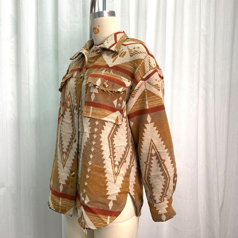 Autumn Winter Aztec Jacket Thick Retro Aztec Printed Woolen Coat