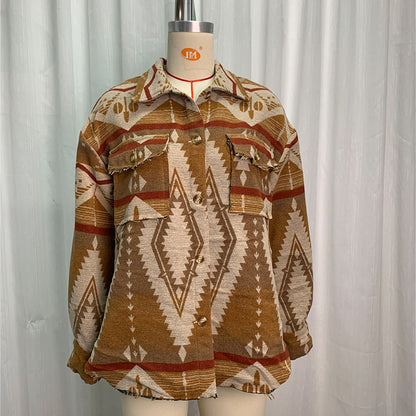 Autumn Winter Aztec Jacket Thick Retro Aztec Printed Woolen Coat