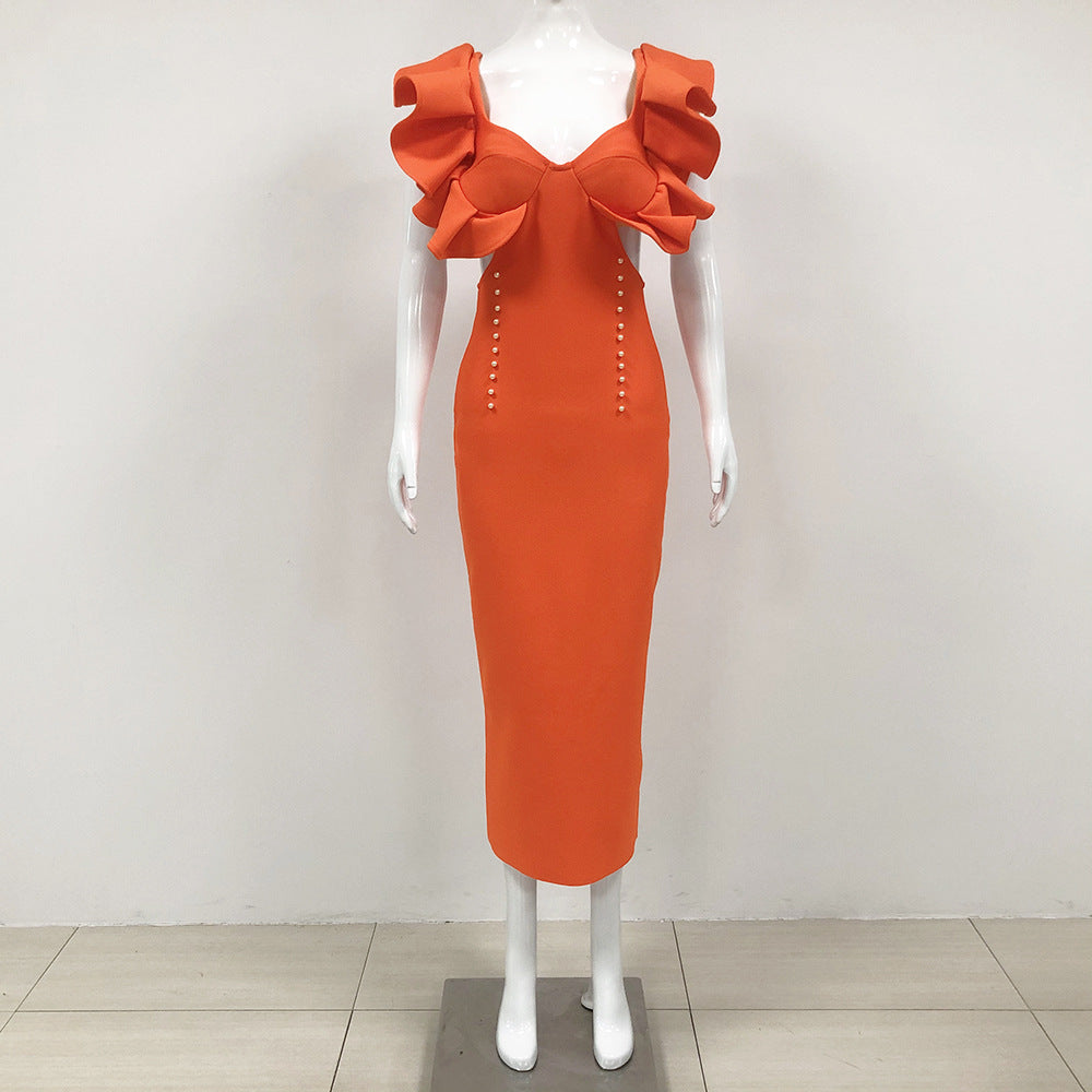 Summer Elegant Orange Retro Bandage Midi Dress High End Dress