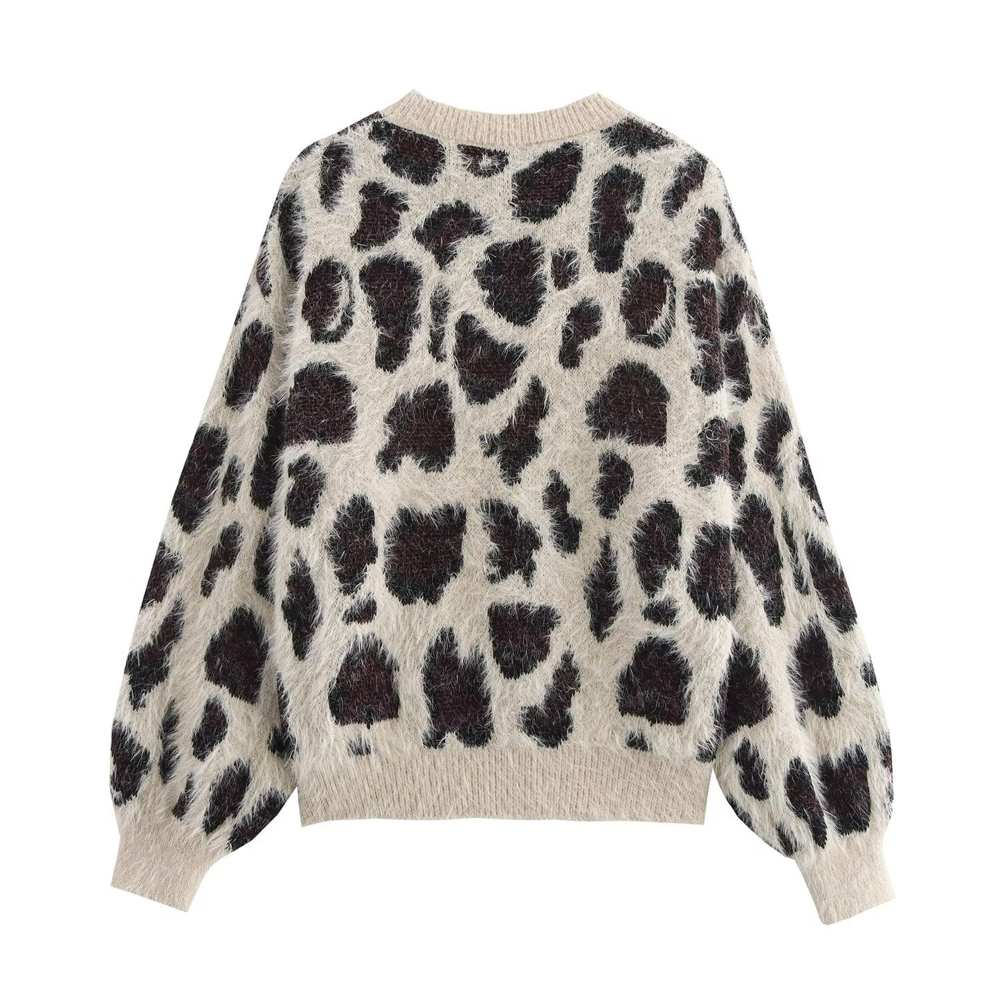 Fall Women Clothing Leopard Jacquard Round Neck Pullover Knitted Long Sleeve Sweater