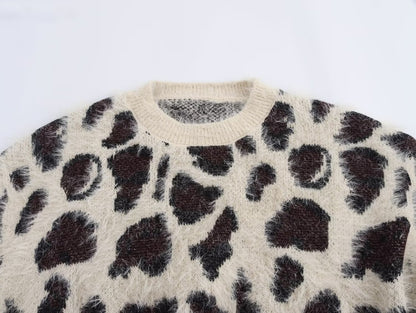 Fall Women Clothing Leopard Jacquard Round Neck Pullover Knitted Long Sleeve Sweater