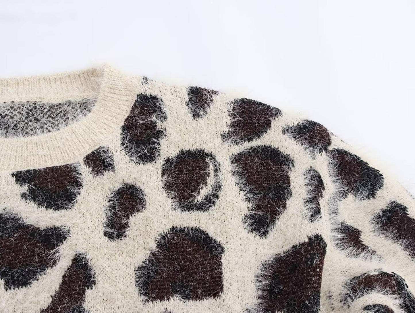 Fall Women Clothing Leopard Jacquard Round Neck Pullover Knitted Long Sleeve Sweater